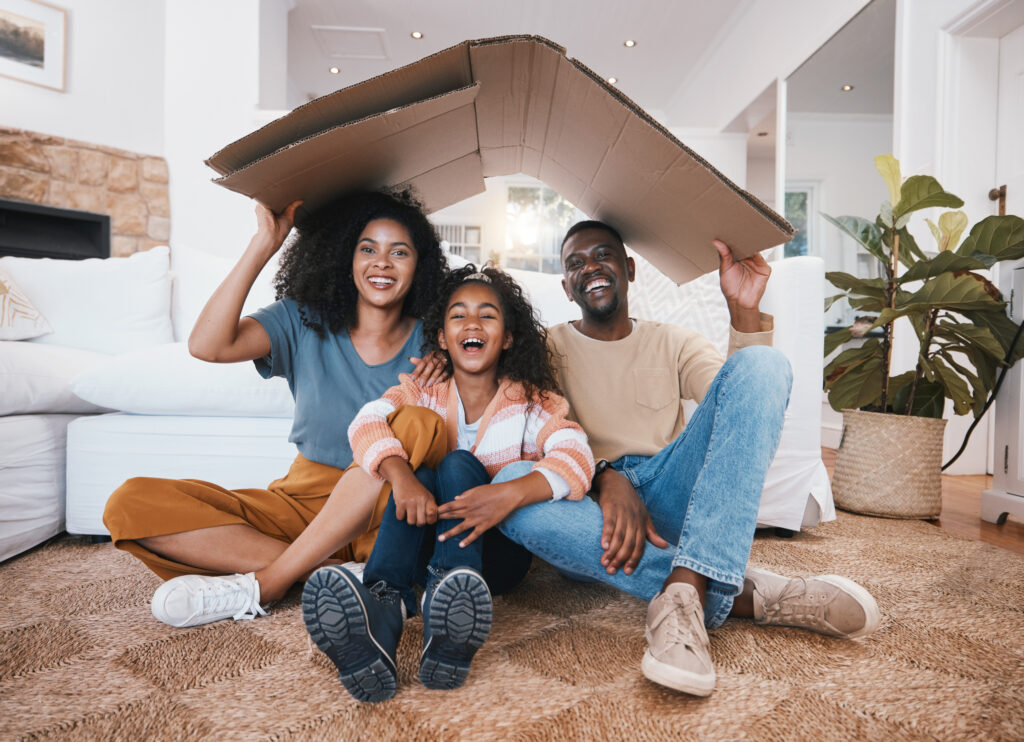 Family, roof and insurance, security and protection at home with parents, child and happy in portra - CoverageX Family, roof and insurance, security and protection at home with parents, child and happy in portra